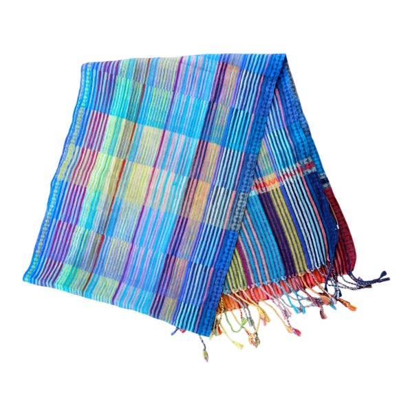 Coldwater Creek 100% Wool Multicolored Scarf With Fringe Size 70"x13" - Picture 2 of 5